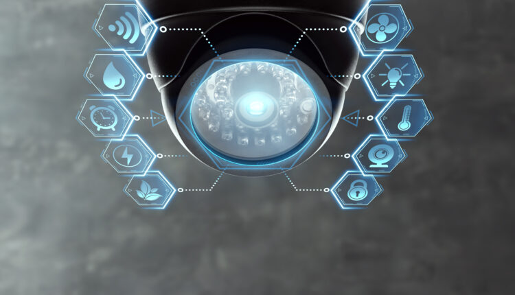 Decorative image of smart home cctv and graphics of temperature, padlock etc.
